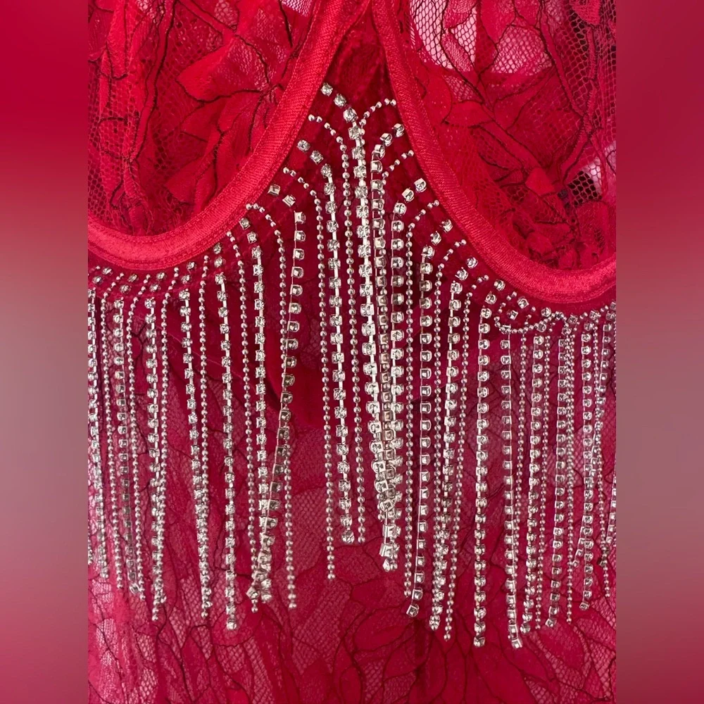 Dreamgirl | Red Lace Rhinestone Fringe Two-Piece Set | Halter Top | Midi Skirt